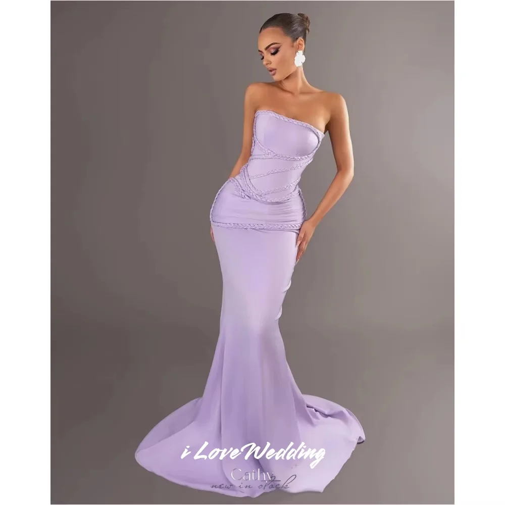 

Purple Strapless Evening Dress 2025 Satin Sleeveless Pleated Mermaid Backless Lace-Up Sweep Train Wedding Party Dress Customized