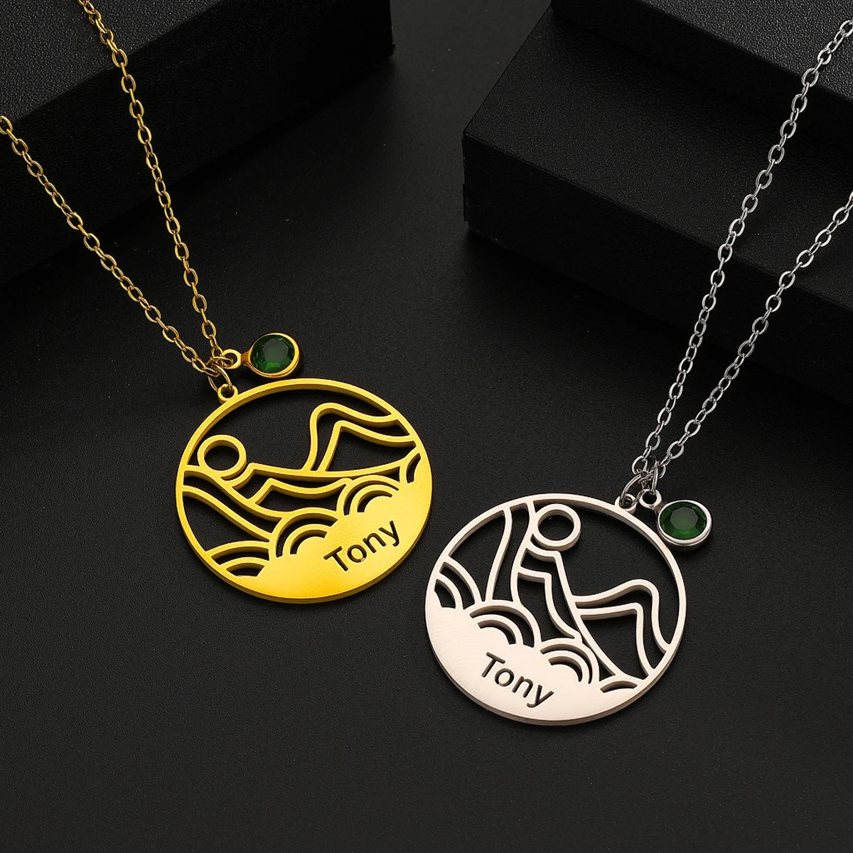 QIAMNI Stainless Steel Mountain Peak Sea Pendant Necklace Gift Custom Name Boho Outdoor Seaside Sun Birthstone Nameplate Choker