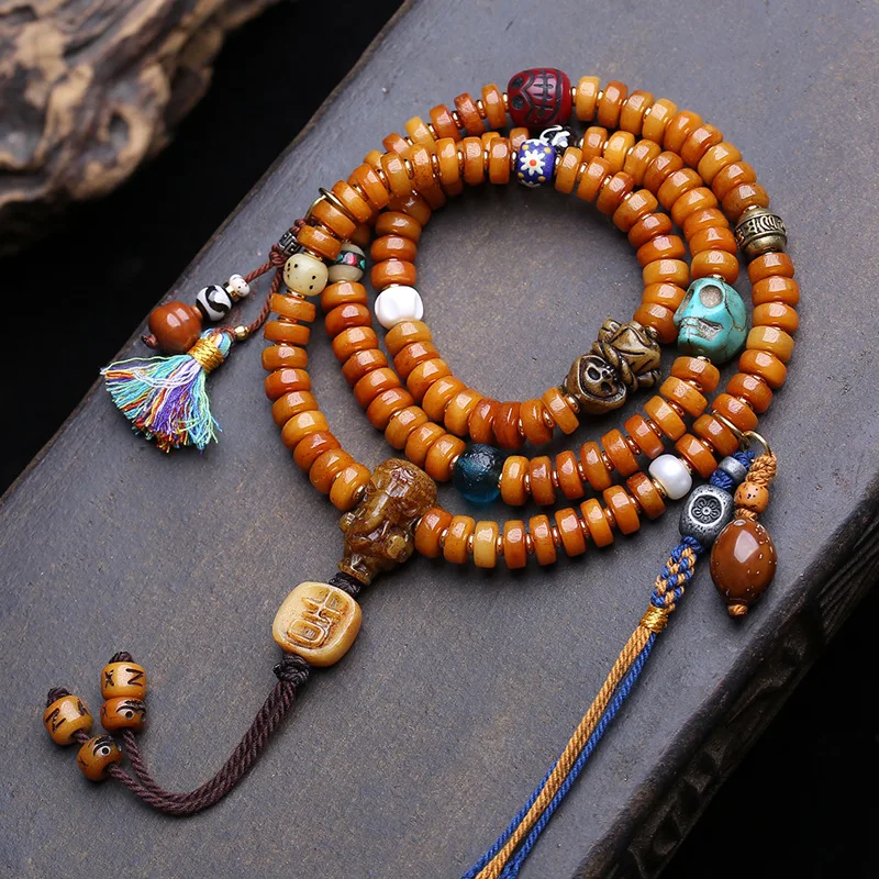 Handheld 108-Bead Buddhist Prayer Beads Made Of Yak Bone, Ganesha Three-Way Connector, Purple Gold Rat Material, And Glass Acces