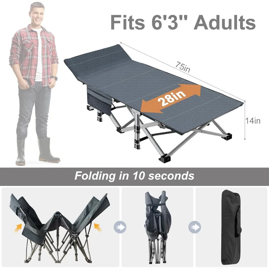 2 عبوة من سرير التخييم عالي التحمل قابل للطي مع حصيرة للبالغين سرير سفر خارجي يتميز بقماش ثور بطبقة 1200D وسيارة مريحة