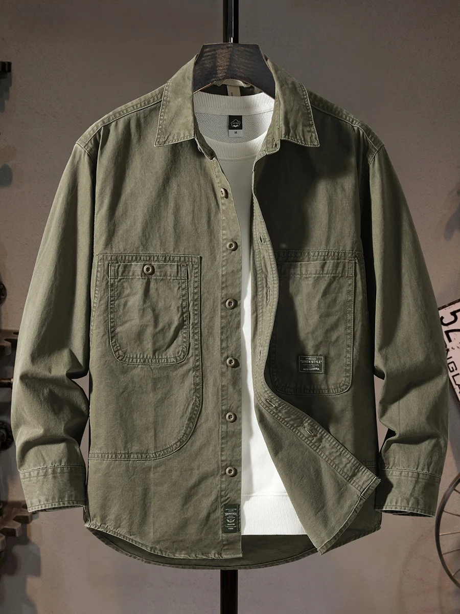 

Рубашка свободного кроя из хлопка, в стиле милитари, повседневная, с длинным рукавом, с декоративными элементами, с воротником, молодежная, дышащая, на все сезоны