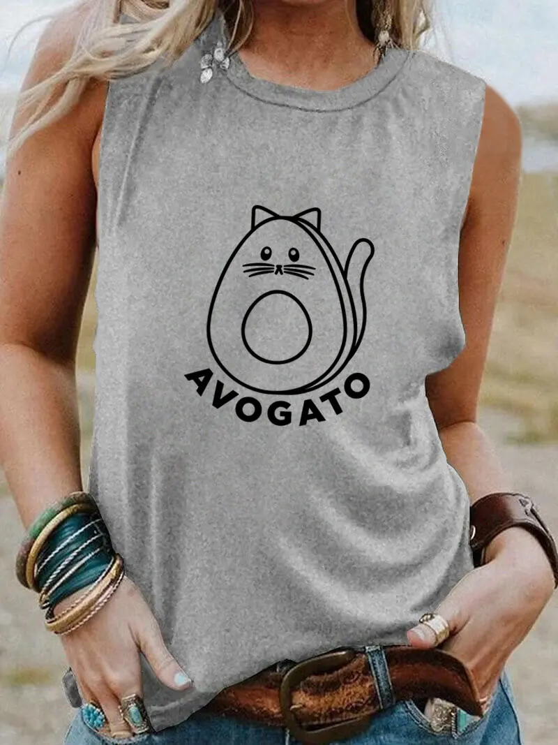 

Avogato Cute Avocado Cat New Arrival Spanish Sleeveless Tshirt Women Funny Summer Casual Sleeveless Top Mexican Tee