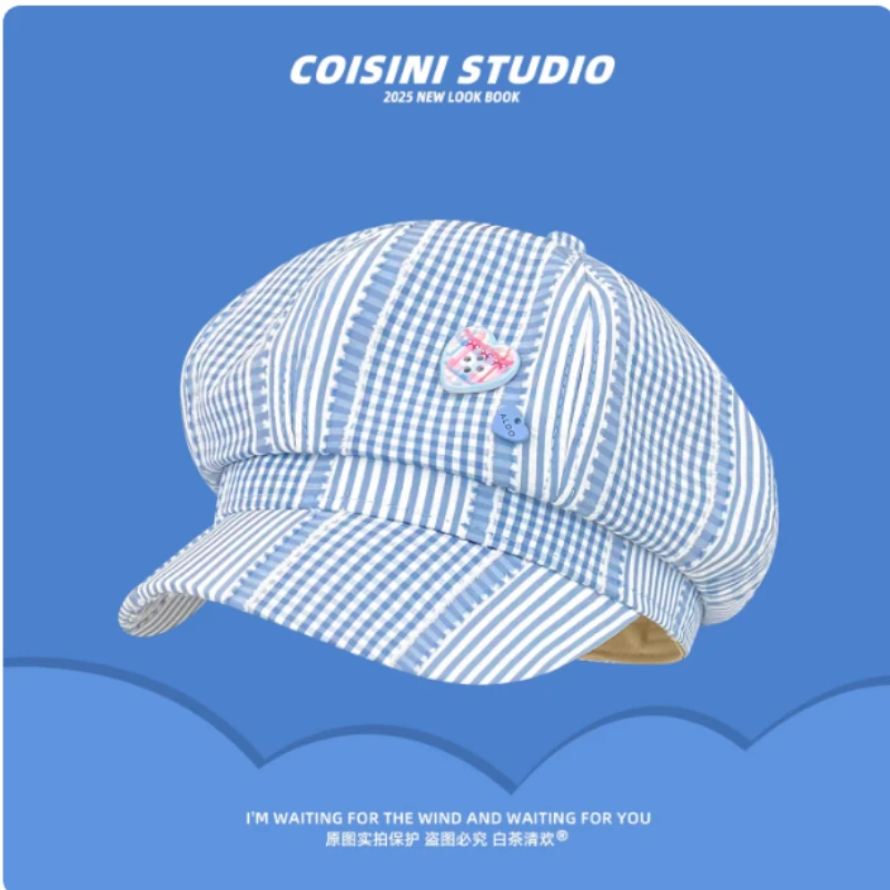 

Корейские цветные восьмиугольные кепки-береты в клетку с изогнутым козырьком для женщин, весенне-летние, милые и универсальные