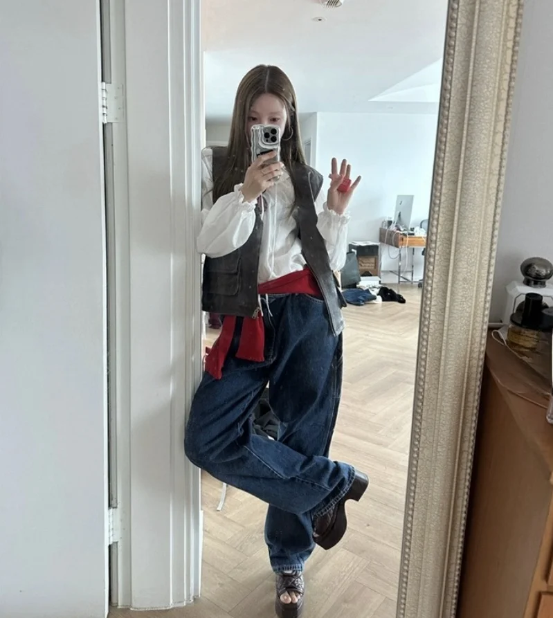 

High Waist Loose Straight Leg Deep Blue Workwear Jeans Women's Korean Style Spring Autumn High Elasticity Non-Stretch Denim