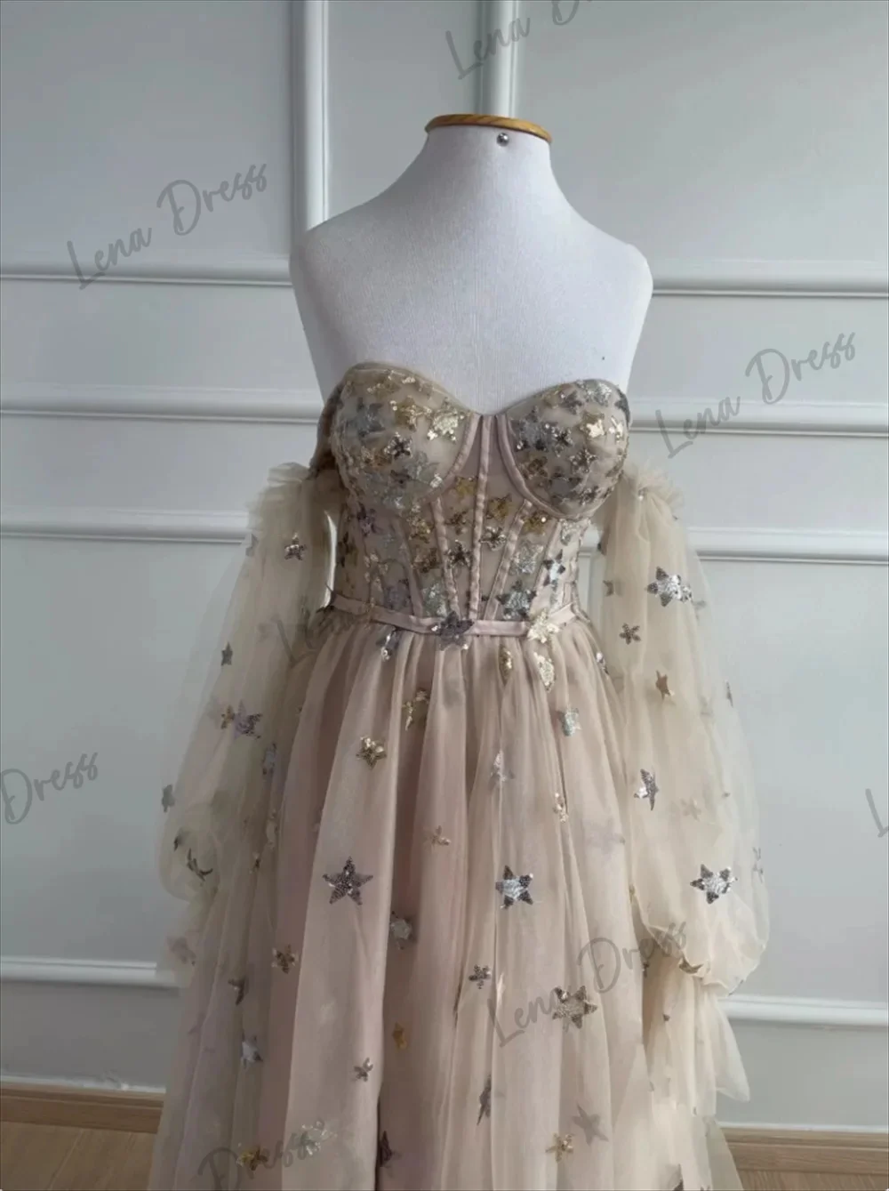 Lena-Bra cut party dress, champagne candy princess fairy tale, starry sky sheer party dress, 2024