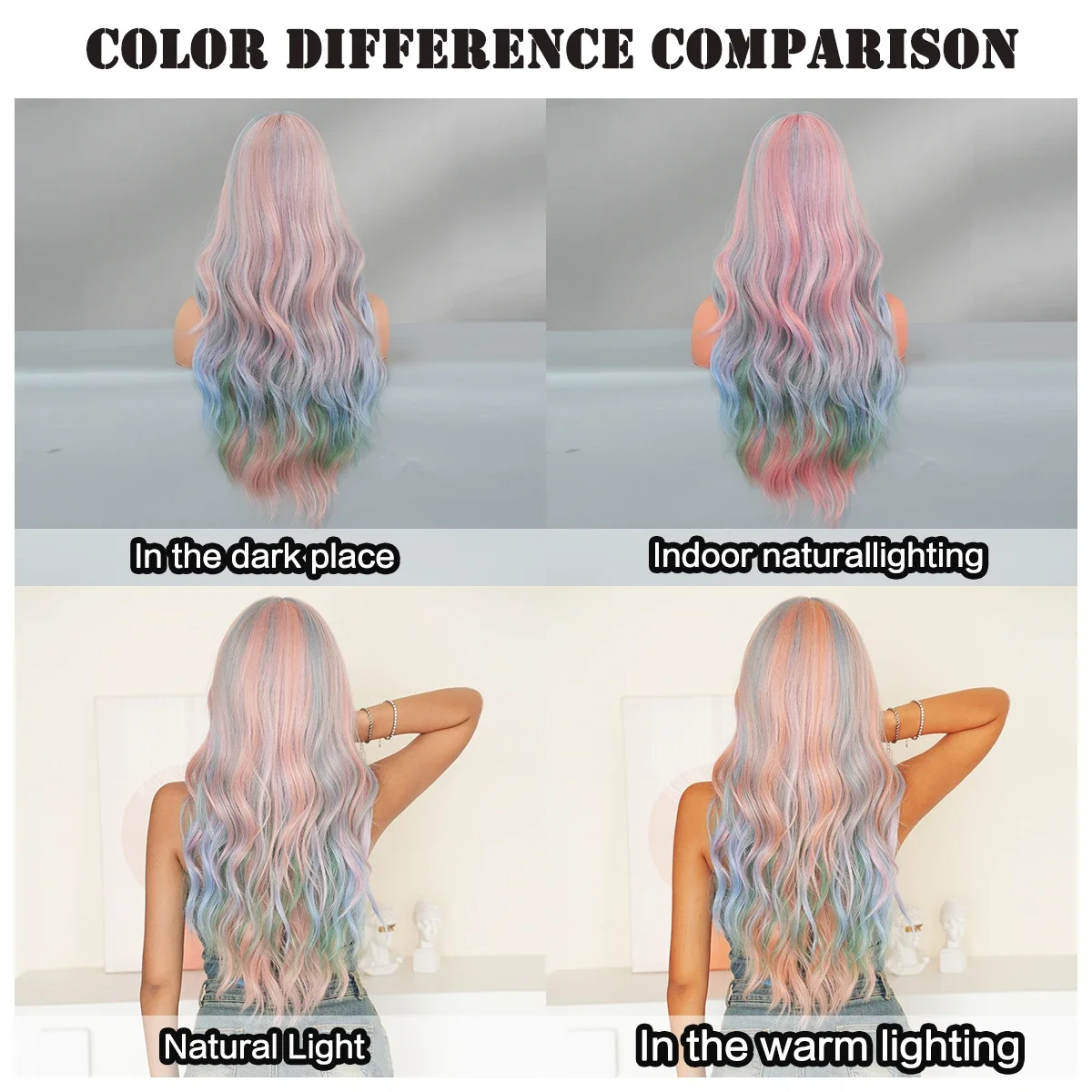 NAMM Long Curly Iridescent Rainbow Color Multicolour Synthetic Wigs For Women Daily Party Cosplay Heat Resistant Hair With Bangs