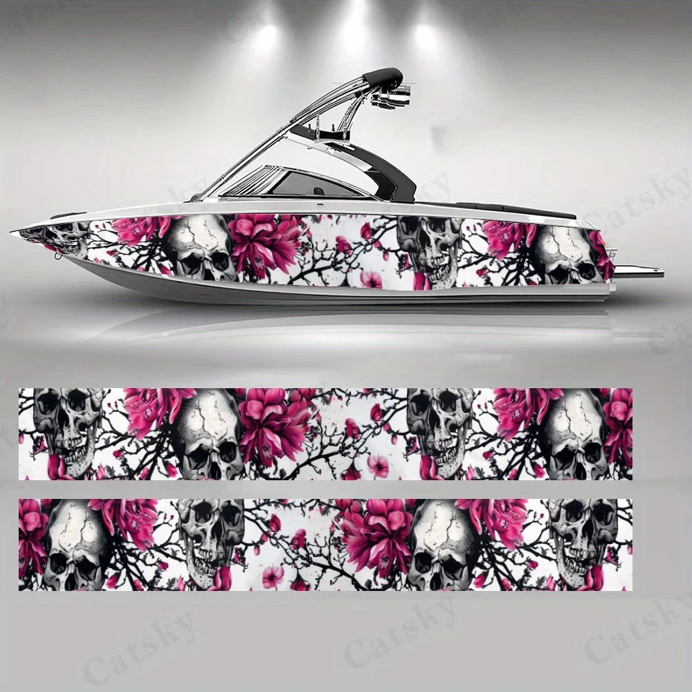 

Pink Flowers and Skull Boat Stickers, PVC Waterproof Durable Vinyl Wrap Decals for Fishing Boats, Durable and Stylish Graphic De