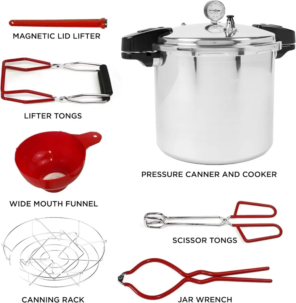 24qt Pressure Canner and Cooker Kit | Complete 7pc Canning Supplies Starter Set | Induction Pot, Gauge, Funnel, Jar Lifter