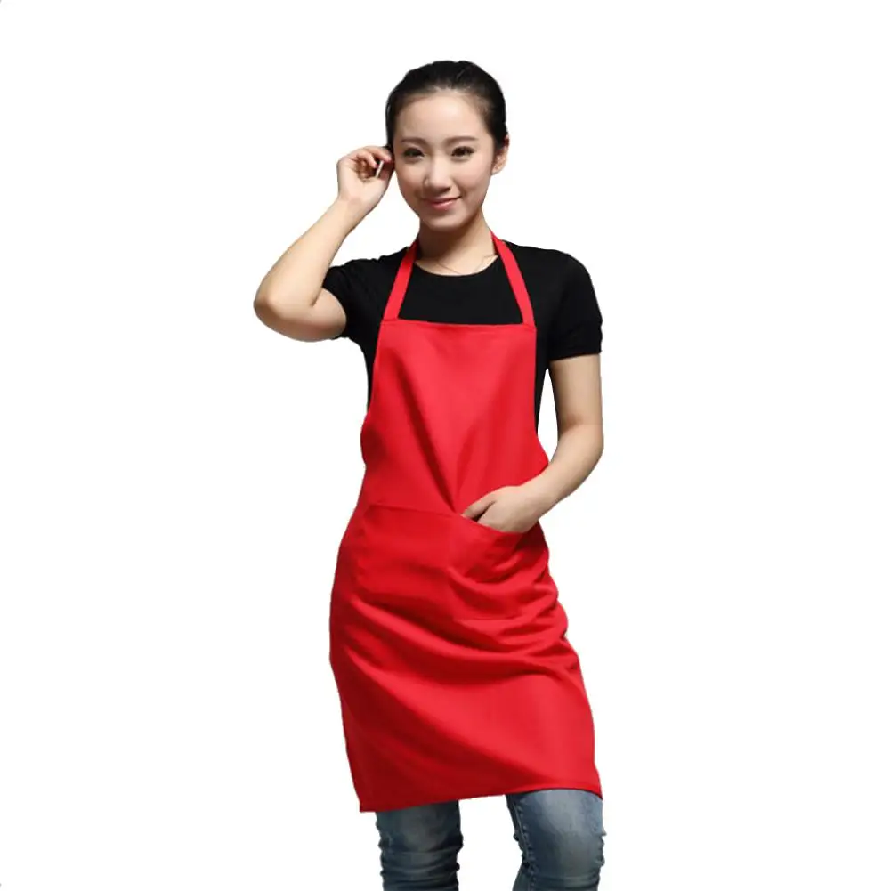 Polyester+ Cotton Blend Sleeveless Apron Black Red Coffee Orange Anti-wear Cooking Kitchen Bib Women Men Aprons With Big Pocket