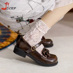 Japanese Style Lolita Bow Leather Shoes Women Cute Round Toe Chunky Heel Mary Jane Shoes Girls Cosplay Pumps White Brown