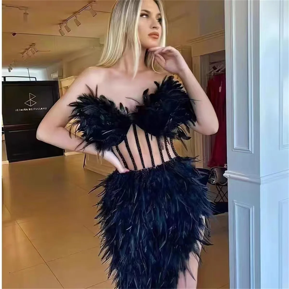 Evening Dress Special Occasion Diamond Sequin Feathers Elegant Mini Female Carnival Elegant Black Openwork Sexy 2023