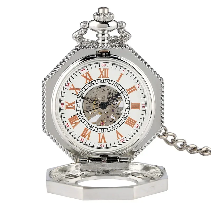 Silver Hollow Octagon Men Women Hand-winding Mechanical Pocket Watch Skeleton Clock Roman Number Dial Pendant Chain Reloj