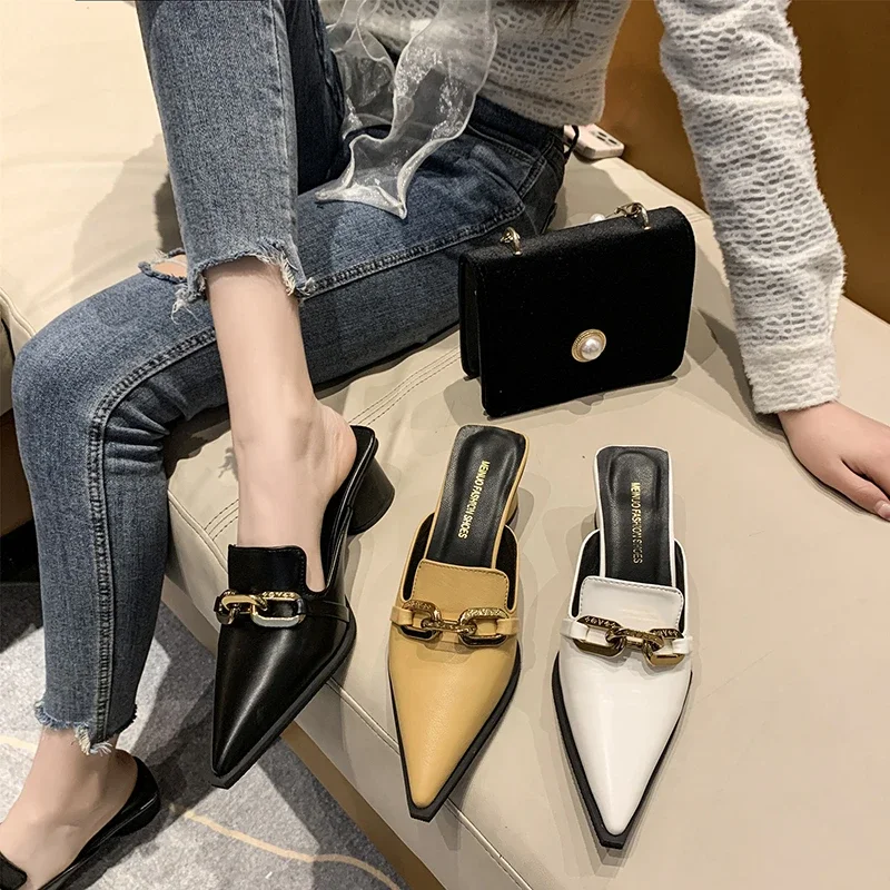 Vrouwelijke Schoenen Cover Teen Vlinderknoop Muilezels voor Vrouwen Slippers Casual Vierkante Hak Loafers Slides Nieuwe Luxe Puntige Damesschoenen