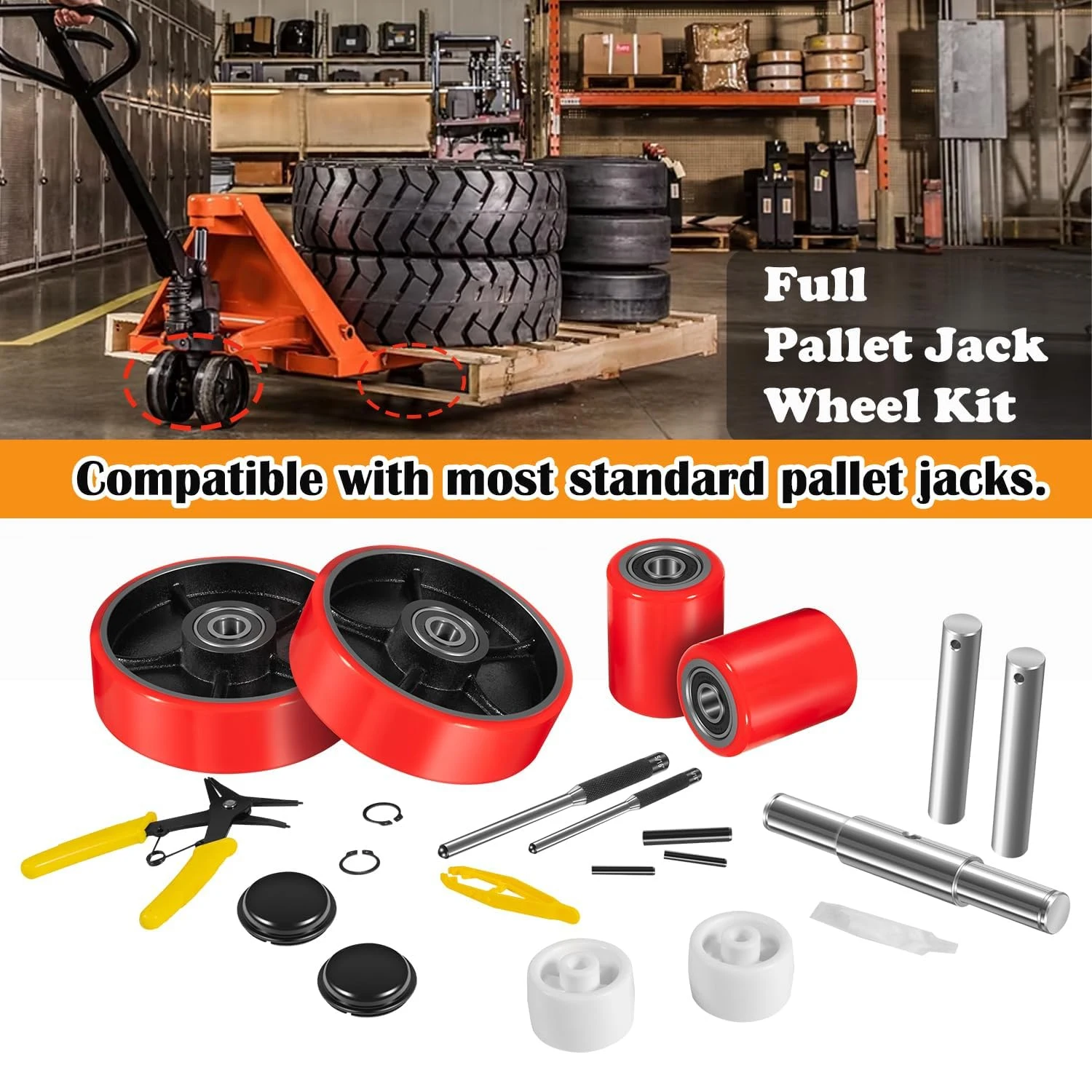 

Pallet Jack/Truck Full Wheel Replacement Kit, Steering Wheels (7"x 2"), Front Load Roller(3" x 3.75"), with Bearings, Axles