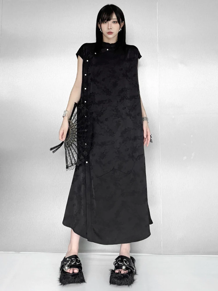 dress long eam [EAM] Women Black Buckle Vintage Big Size Elegant Dress New Stand Collar  Short Sleeve Fashion Tide Spring Summer 2026 1DJ6984