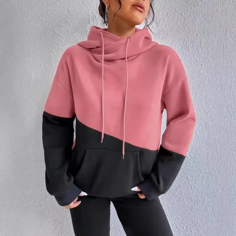 2024 New Fall/winter Street Trend Color Block Patchwork Pocket Pull Rope Loose Hooded Sweatshirt For Women Hoodie