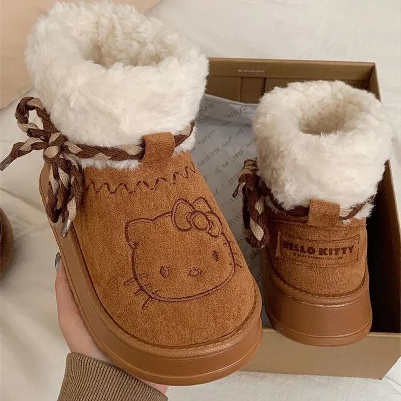 Sanrio Hello Kitty Cute Pompon Lace Up Fur Winter Snow Boots Fluffy Boots Outdoor Short Boots for Women Birthday Christmas Gift