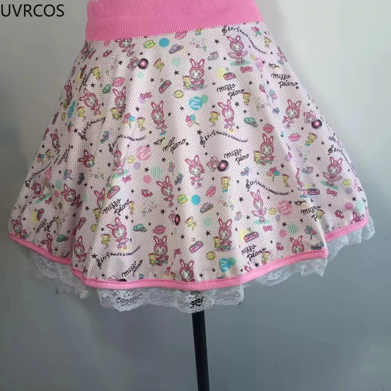 Japan Kawaii Lolita Mini Rok Vrouwen Cartoon Print Jupe 2024 Faldas Mujer De Moda A-Lijn Geplooide Rok Patchwork Kanten Cake Rok