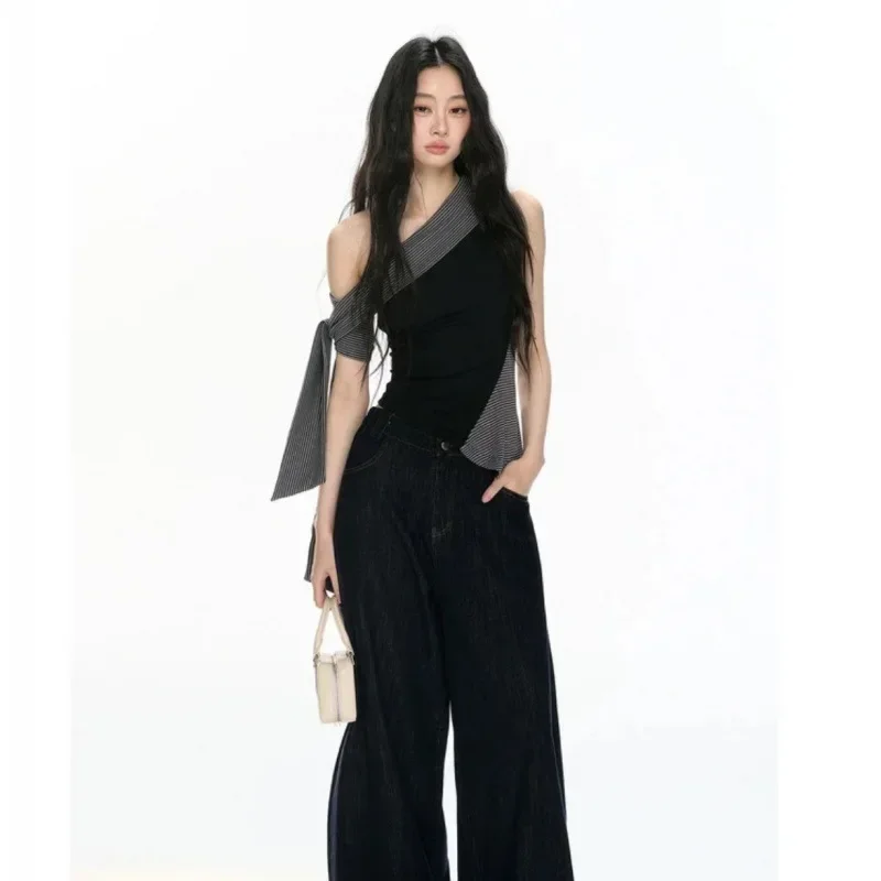 PopPopPure Desire Stripe Black Shoulder Women's Vest Design Sensation New Style Sleeveless Knitted Top Fashionable Casual Wear