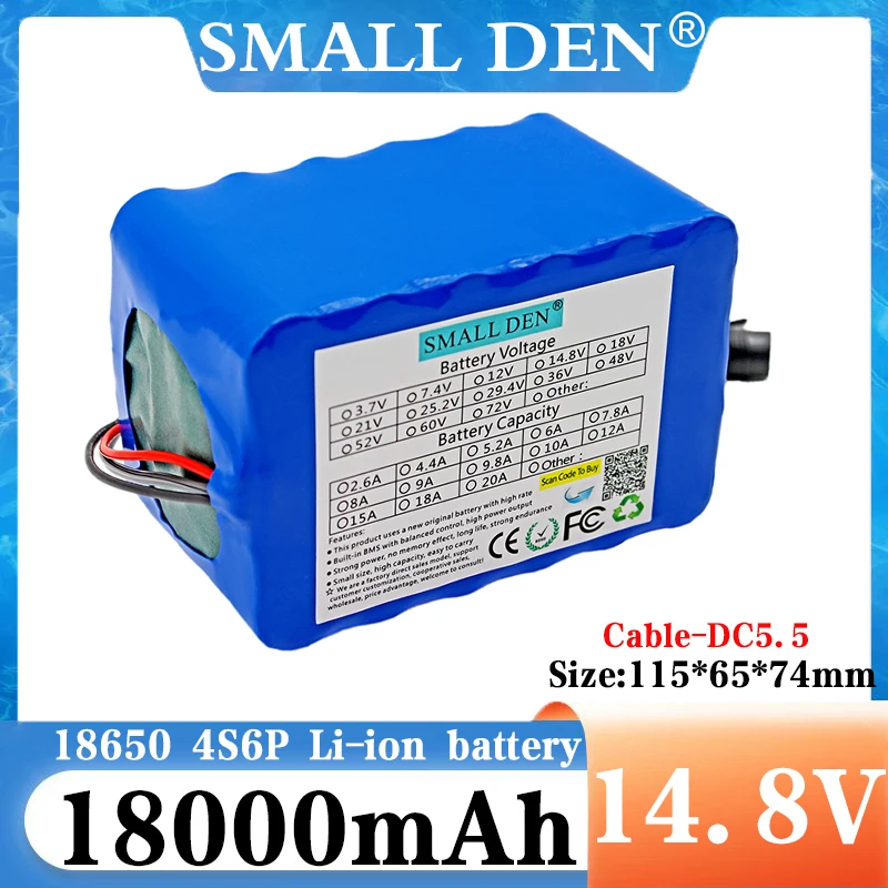 

14,8 В 18 Ач 18650 литиевый аккумулятор 4S6P 16,8 В светодиодный обогреватель для ночной рыбалки, усилитель света для шахтера, аккумулятор