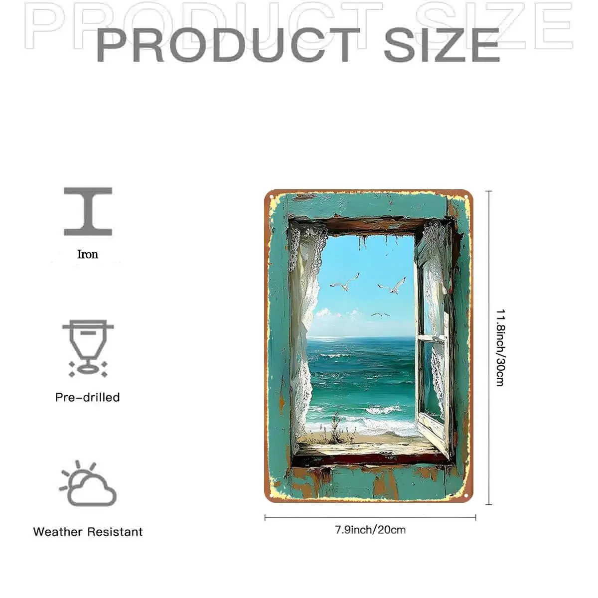 2D Flat, 2D Flat,1pc, Retro Seaside Window View Art Print Metal Iron Sign, Pre-Drilled Holes, Suitable for Indoor, Garden,Outdoo