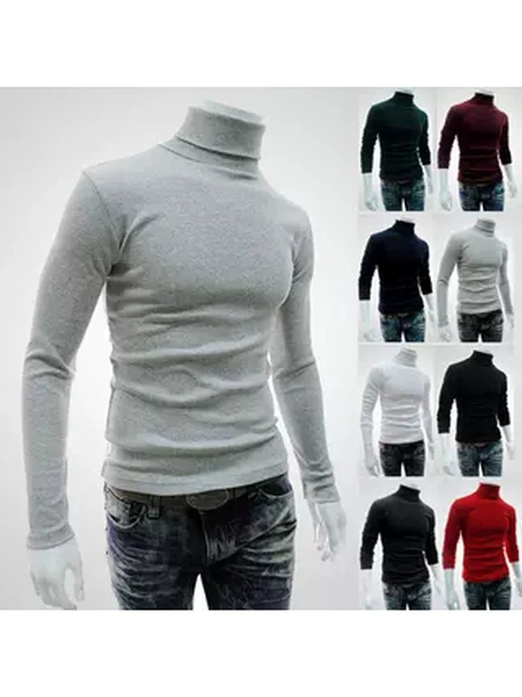 Men's High Collar Sweater Warm Winter Shirt Standard Fit Flocking Process PU Leather Nine Sleeve Length Cleanfit Style