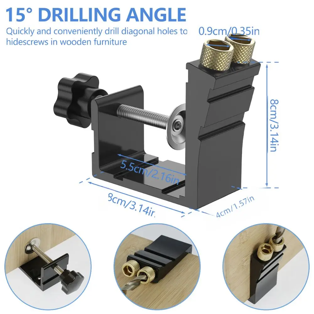 Adjustable Pocket Hole Jig Inclined Hole Pocket Dowel Joint Locator 15 Degree Angle Drill Punch Drill Guide Kit Wood Drilling