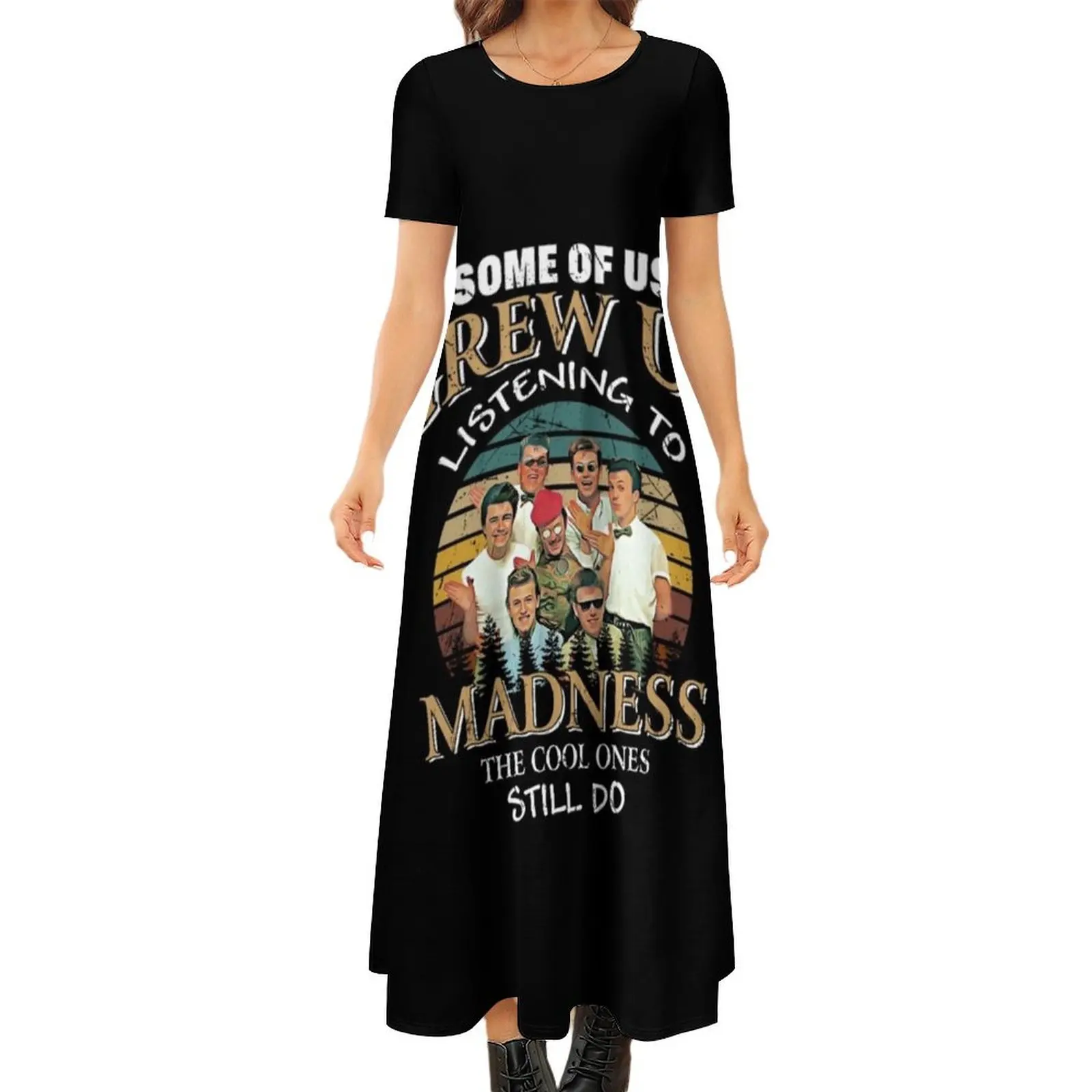 

Vintage listening to The madness retro band gift for fans Round Neck Short Sleeve Dress Summer women"s clothing