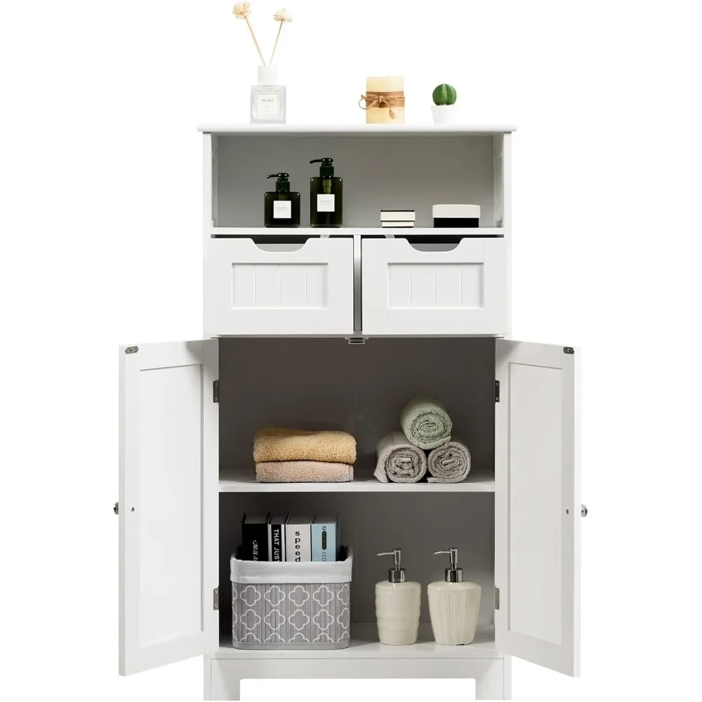 

Bathroom Storage Cabinet, Freestanding Storage Organizer with 2 Drawers & Adjustable Shelf, Wooden Floor Cabinet for Living Roo