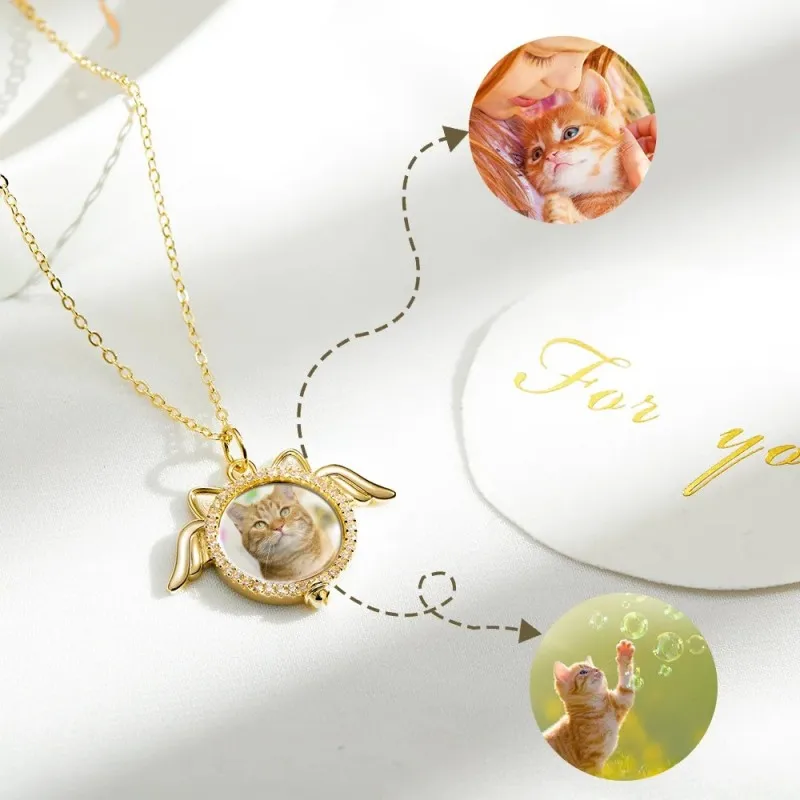 Necklace for Cat Shape Pendant With Photo Kitten memorial plaque Gold colored pet pendant Engravable message on back Cat Angel