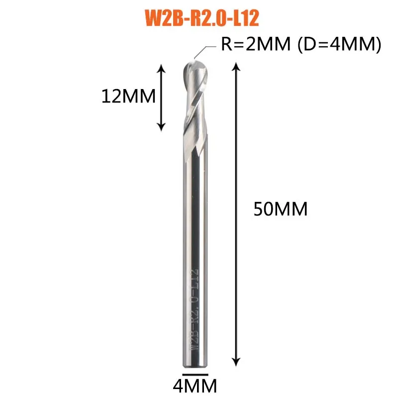 Dreanique 1Pc Carbide Kogelneus Einde Frees 2 Fluiten R0.5-R4.0 Einde Molen Router Bit Voor Hout En Aluminium W2b