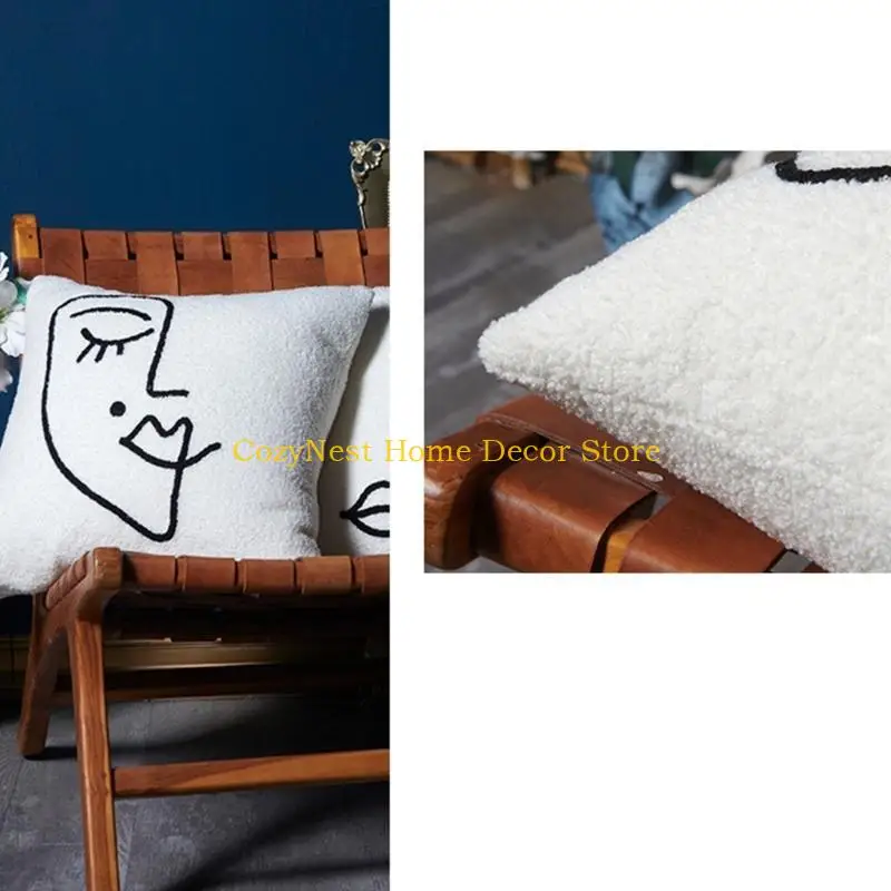 92MF Artistic Office Decor Face Embroidery Cushion Cover Plush Pillowcase