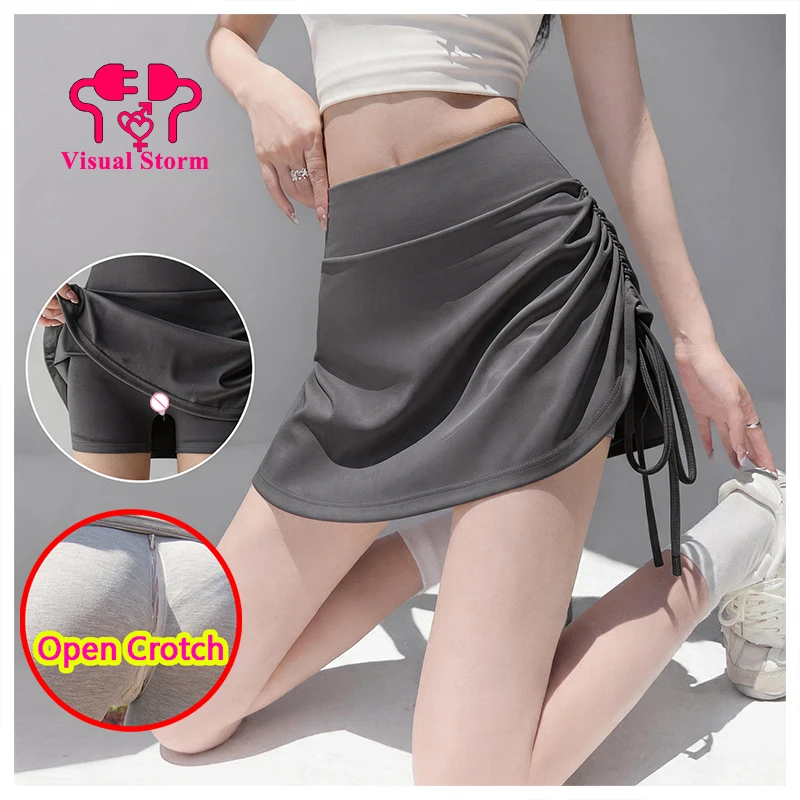 Women Open Crotch Pants Hidden Zipper Shirring Skirt Shorts Couple Outdoor Play Easy False Mini Dress Crotchless Fitness Bottoms