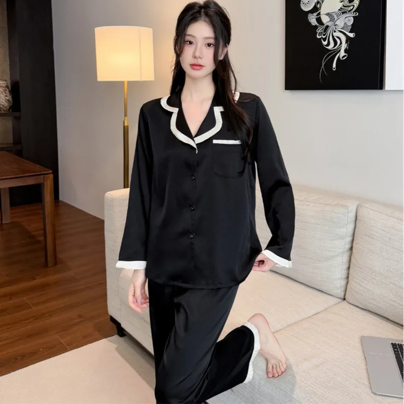 2025 Autumn Winter Ice Silk Pajamas Women Long Sleeve Pants Two Piece Set Fashion Casual Cardigan Nightgown Sleepwear Homesuit