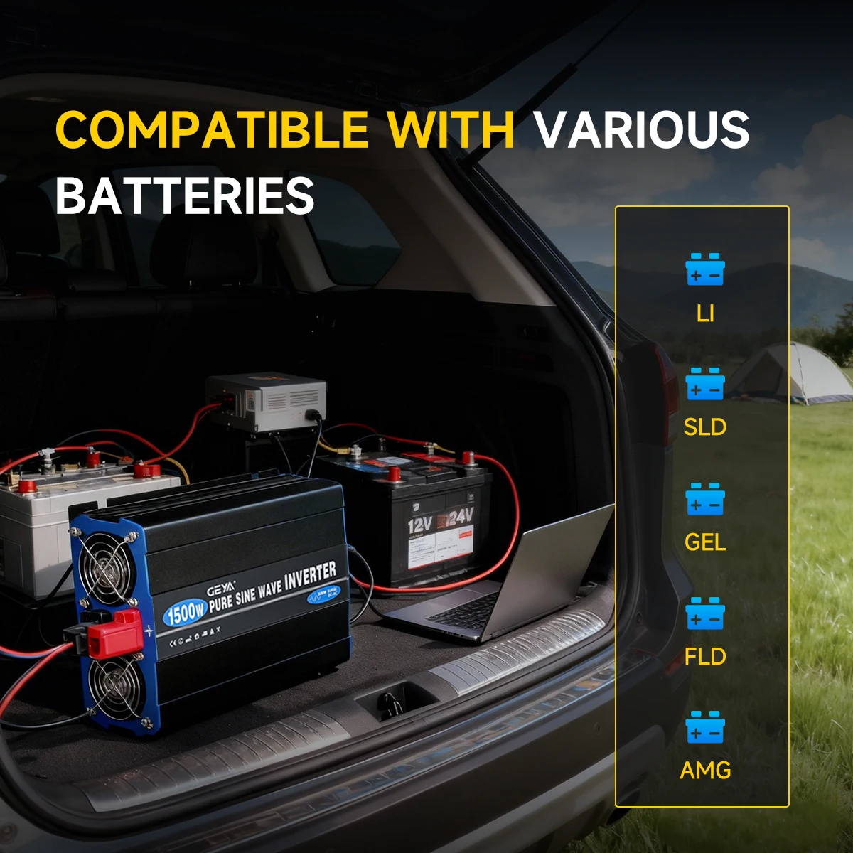 GEYA Pure Sine Wave Inverter Adapter Universal Socket DC to AC 12V/24V to 220V 50HZ 3000W Car Power Inverter with LED Display