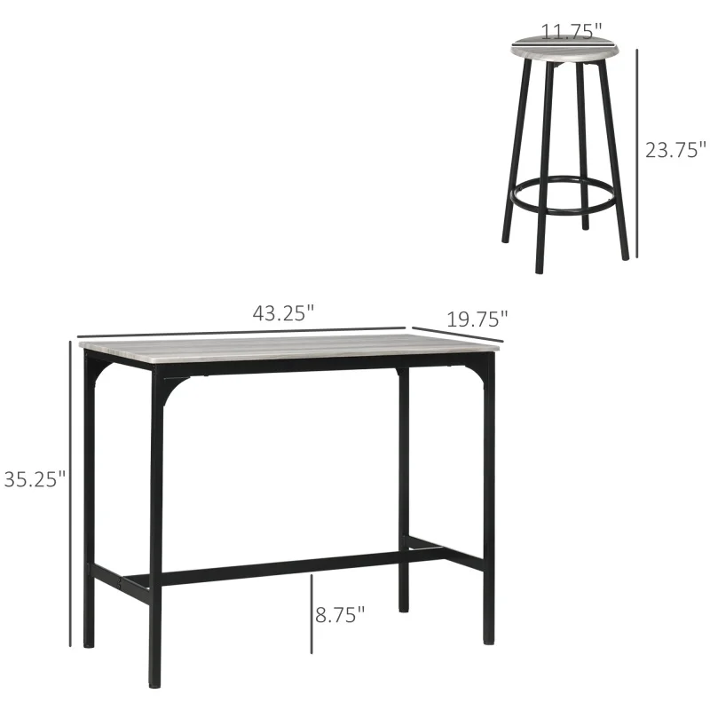 HOMCOM Conjunto de mesa de bar com altura de balcão de 5 peças, mesa de jantar rústica 43.25 com 4 bancos de bar, mesa de cozinha com tampo de madeira para pub,