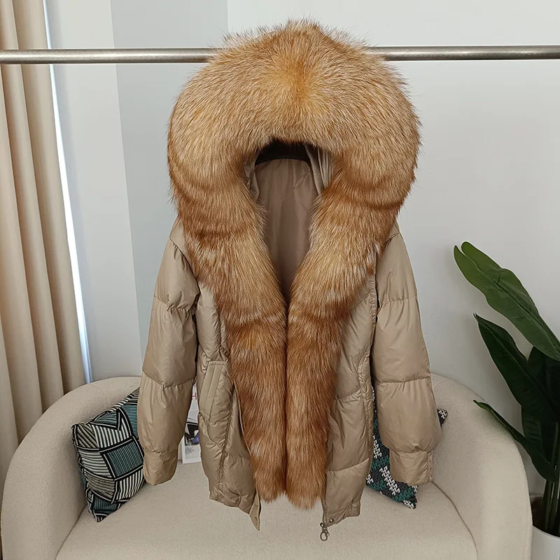 Hot Sale Winter new women's oversized fox fur collar fur jacket with thickened warmth, fashionable mid length hooded down jacket