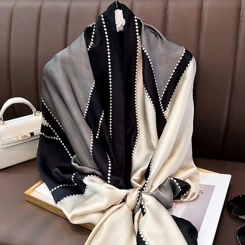 90*180 センチメートルシルク女性スカーフ高級デザイナー薄いサテンプリントショール日焼け止め暖かいビーチスカーフ女性ヒジャーブラップ