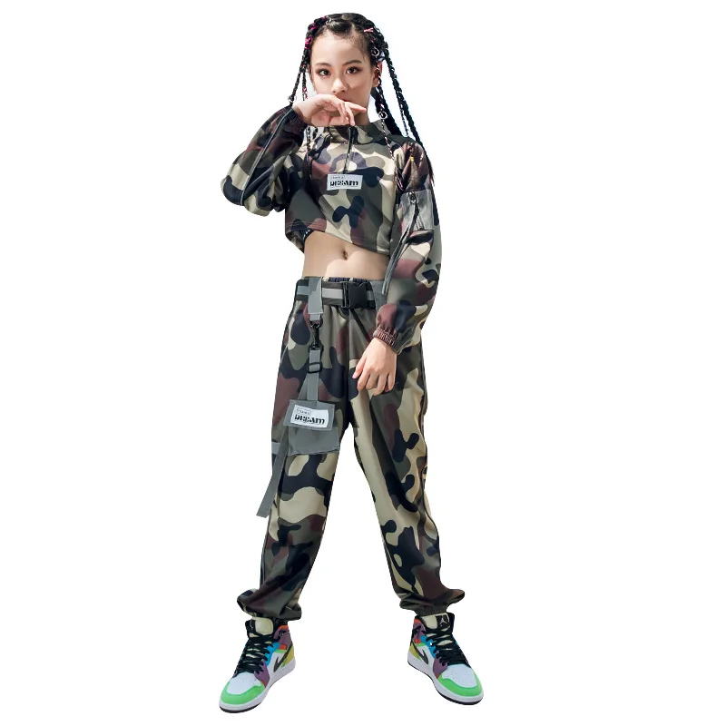 

New Girls' Hip Hop Clothes Children's Hip Hop Suit Camouflage Performance Girls Practice Jazz Dance Dress