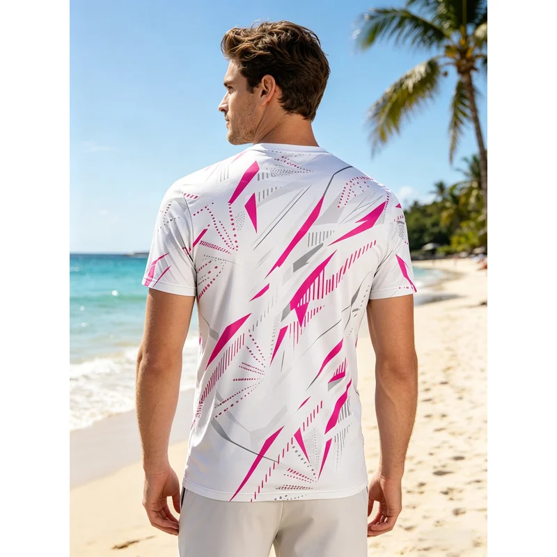 Men's White Short-Sleeve T-Shirt with Pink-Gray Geometric Print, Round Neck, Slim Fit, Modern Abstract Style, Machine Washable