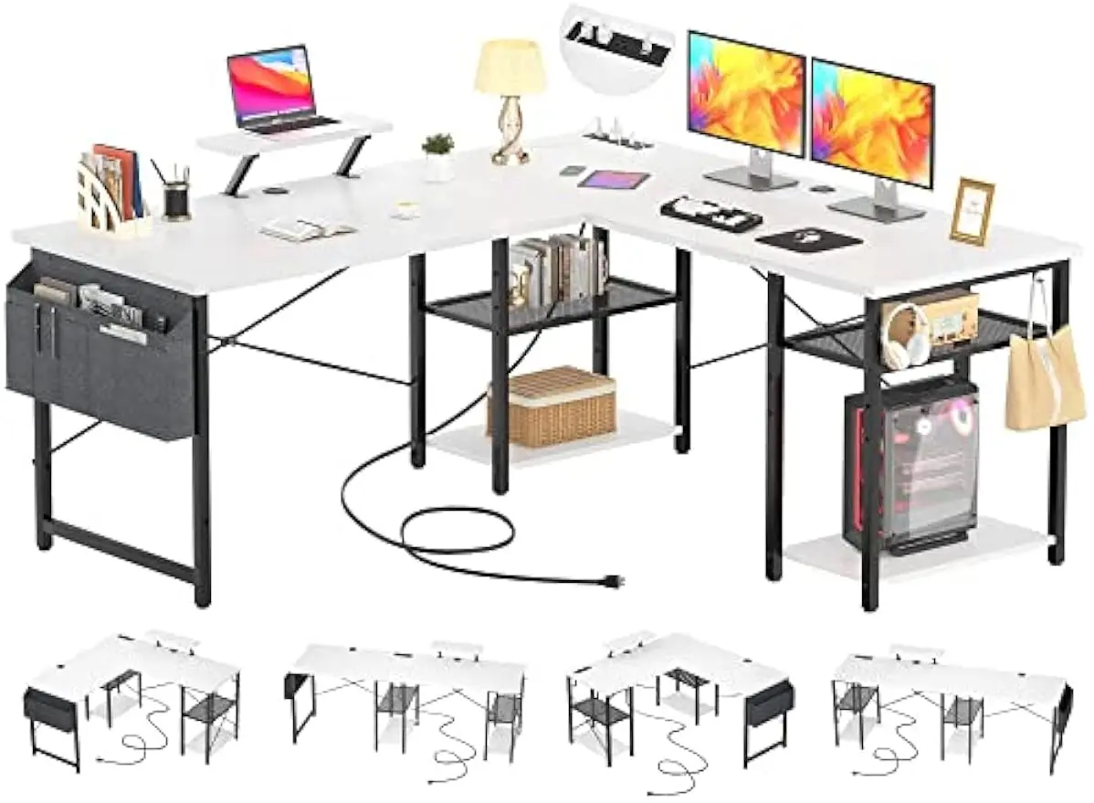 

Shaped Desk with Outlet and USB Charging Ports, L-Shaped Desk with Storage Shelves Reversible Corner Computer D