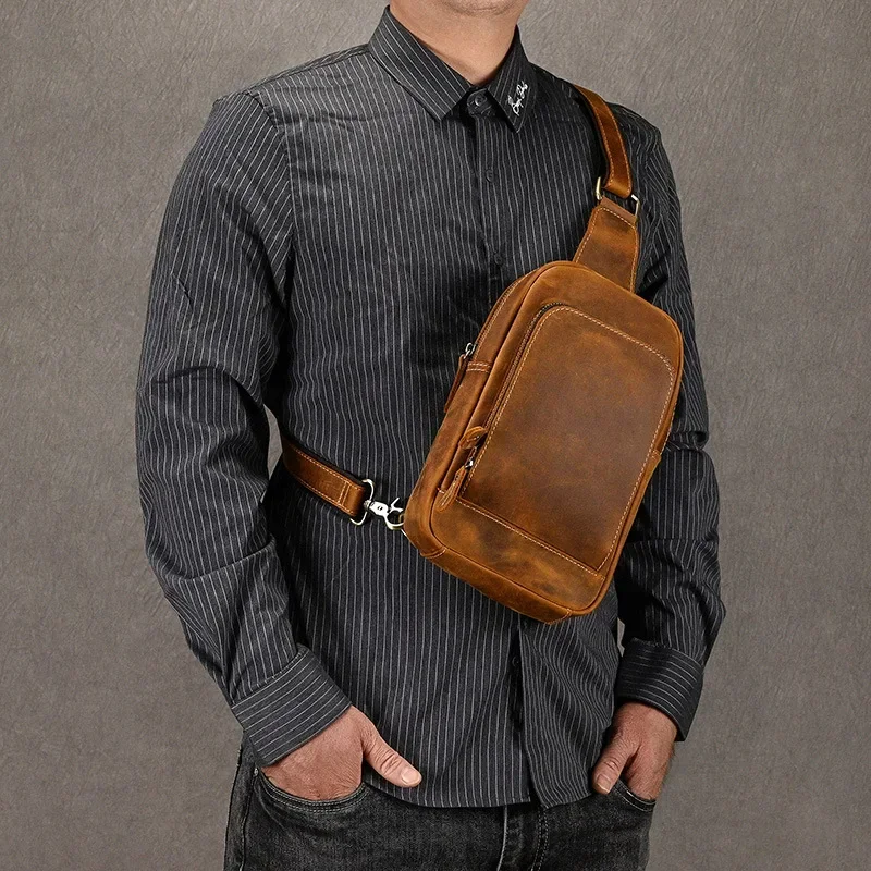 2025 Mad Horse Chest Bag Men's Casual Cowhide Simple Shoulder Commuter Outdoor Designer Luxury Bag