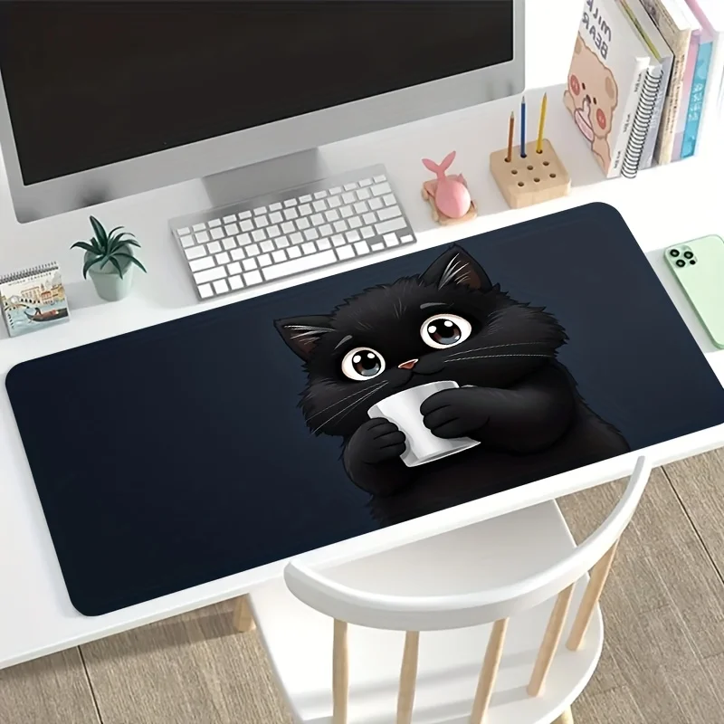 Black cat cup-themed cute style mouse pad, large-sized desk pad,  Anti-slip Gaming Keyboard Mousepads Long Desk Pads playmat