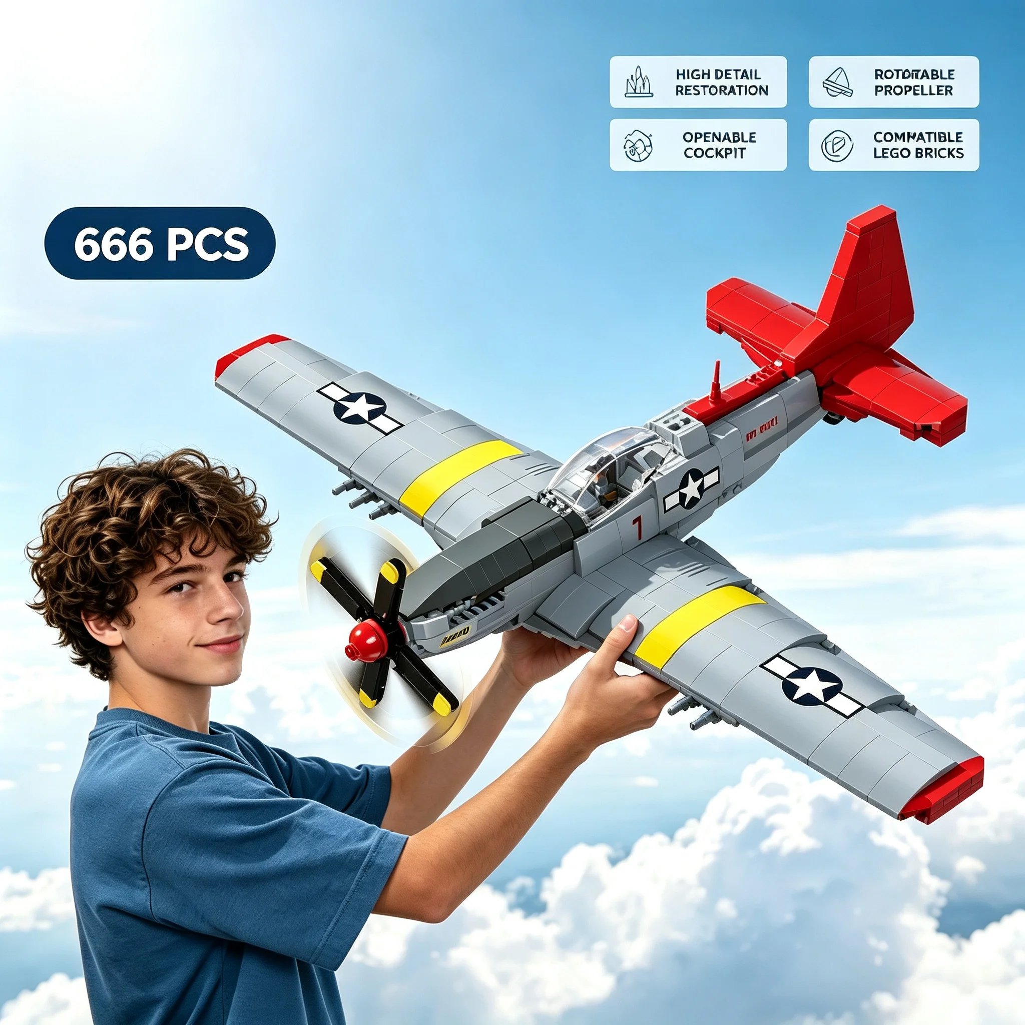 Red‑Tail P‑51 Fighter Building Block Set,Model Kit,Compatible Lego,Desktop Collectible Gift For Teens Adult Aviation Hobby Fans