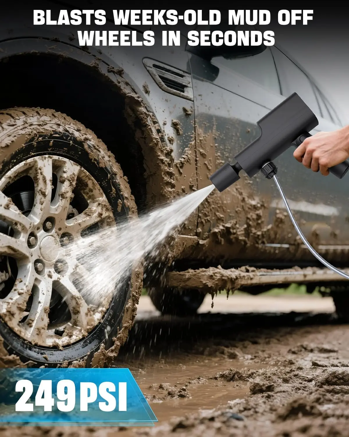 غسالة ضغط لاسلكية قابلة للطي، غسالة طاقة محمولة 249 رطل لكل بوصة مربعة مع بطارية وشاحن سيارة، خرطوم 16.4 قدم، فوهة 5 في 1 للسيارة،