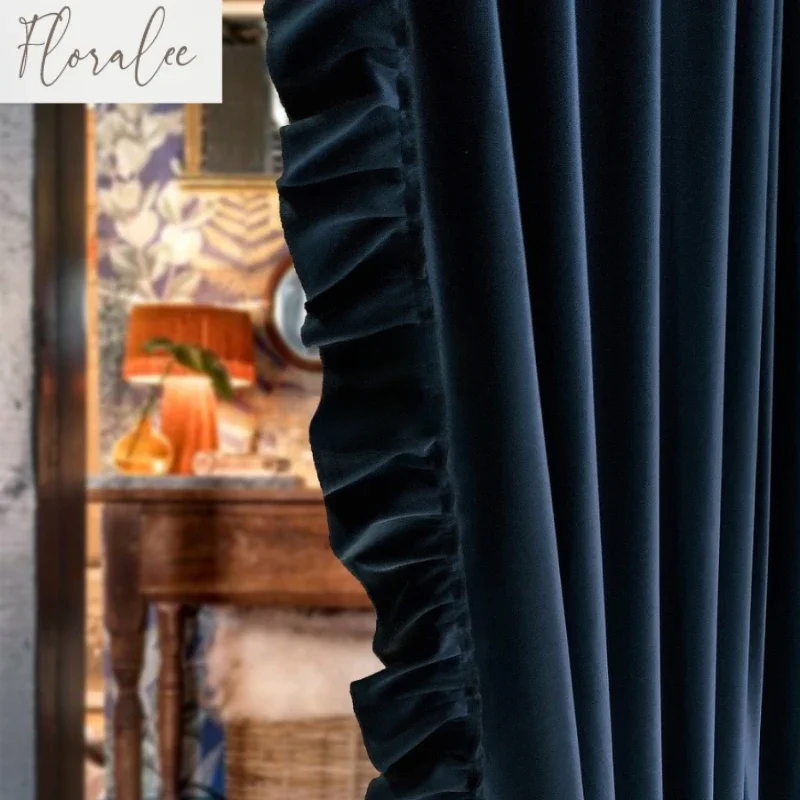 

Dark Blue Thick Velvet Curtains for Living Room Bedroom French Wood Ear Luxury Curtains Customization Solid Color Decoration