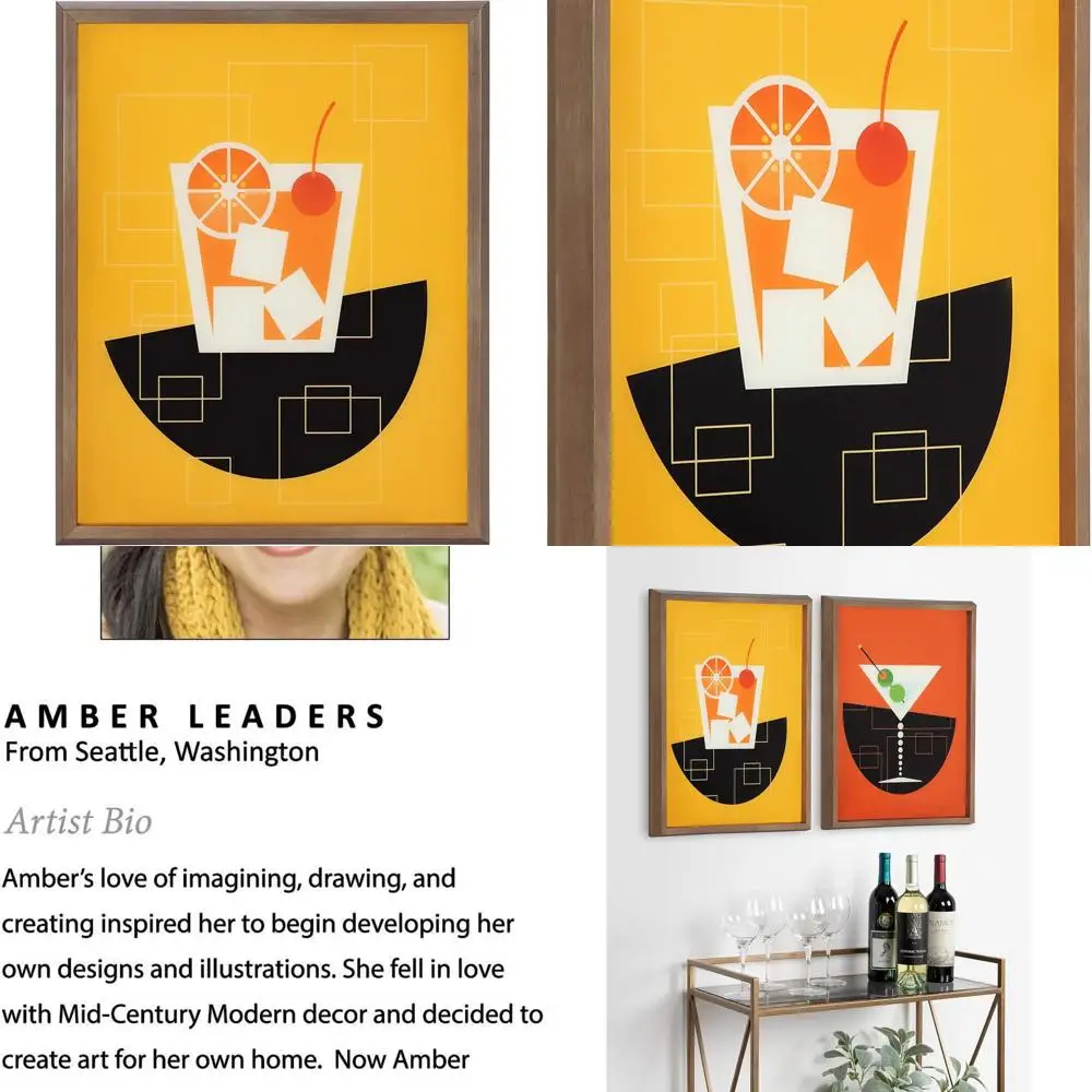 

Шикарный стеклянный рисунок в темно-золотой рамке середины века 16x20. Старомодный коктейль Кейт и Лорел Блейка.