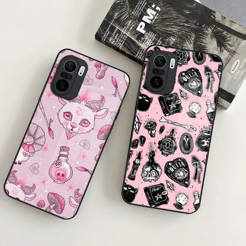 Pink Cat Skull Sorceress Witch Phone Case Glass For Xiaomi 13 11 12X 11T 10 12Pro Lite Poco F3 Redmi Note 10 9 8 Pro 9T 9A X3Pro