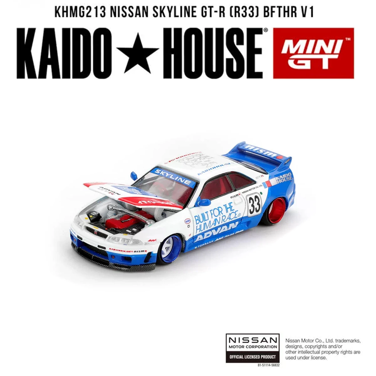 In Stock KAIDO HOUSE 1:64 Nissan Skyline GT-R R33 BFTHR V1 ADVAN Livery Open Hood JDM Race Diecast Model Car KHMG213