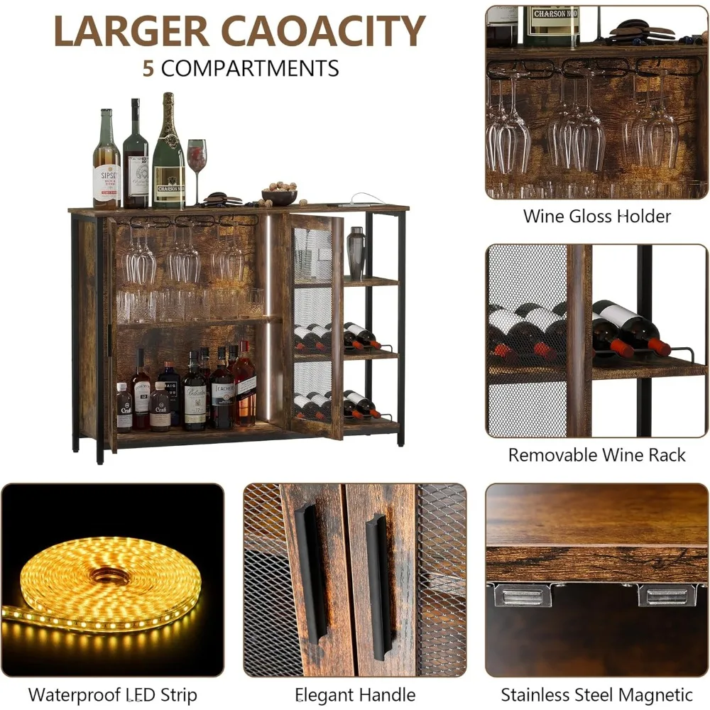 LED Farmhouse Coffee Bar Cabinet, Wine Cabinets with Removable Wine Rack, Buffet Cabinet with Motion Sensor for Kitchen, Dining